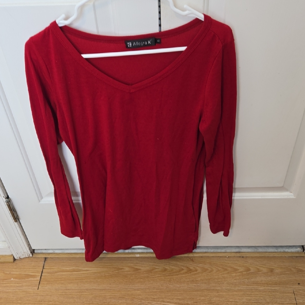 Allegra K Red V-Neck Long Sleeve Tee